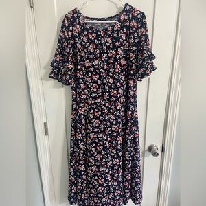Nina Leonard Navy Floral Long Sleeve Dress